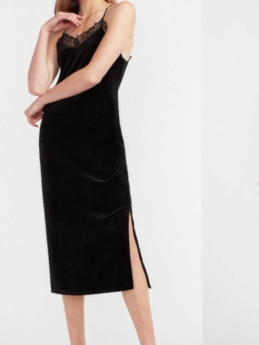 Express Black Velvet Slip Dress Medium Lace Trim Midi Side Slit 90s Minimalist
